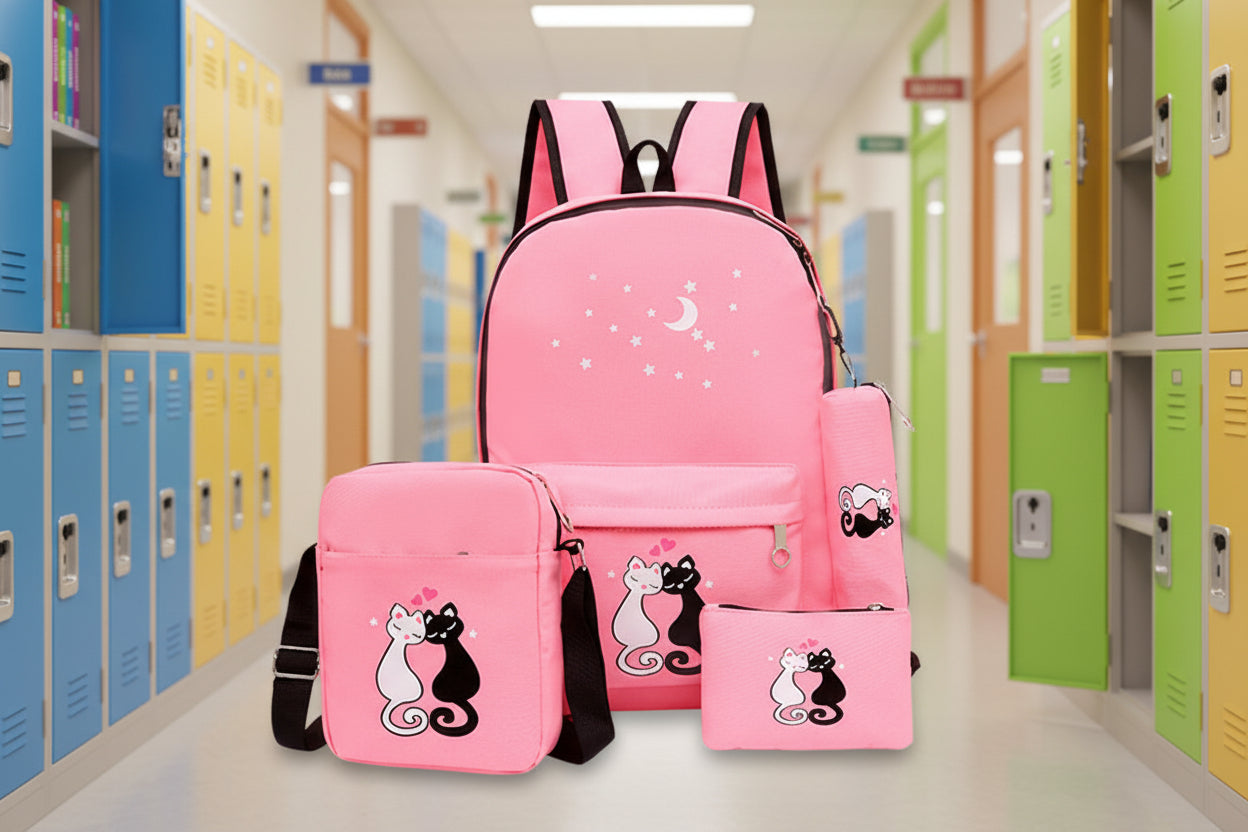 Pink backpack with cat designs on a pink background