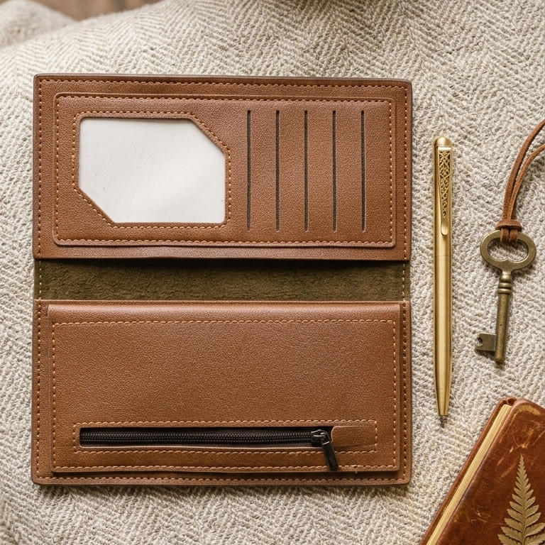 Premium Men’s Leather Long Wallet – Slim Check Pattern Bifold Wallet with Card Slots