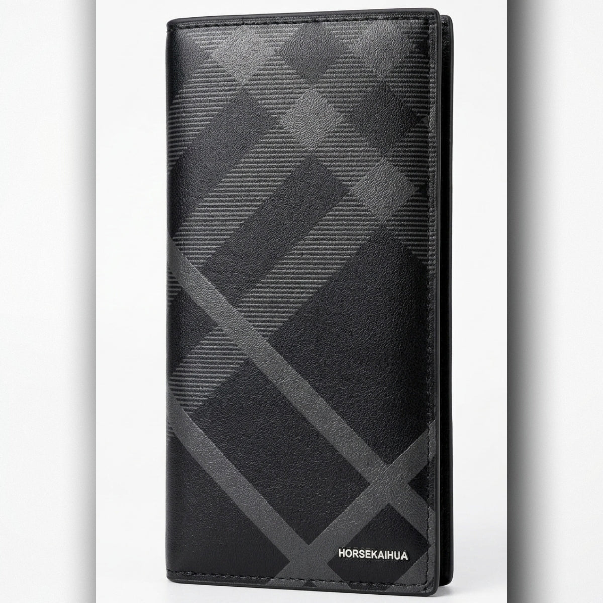 Premium Men’s Leather Long Wallet – Slim Check Pattern Bifold Wallet with Card Slots