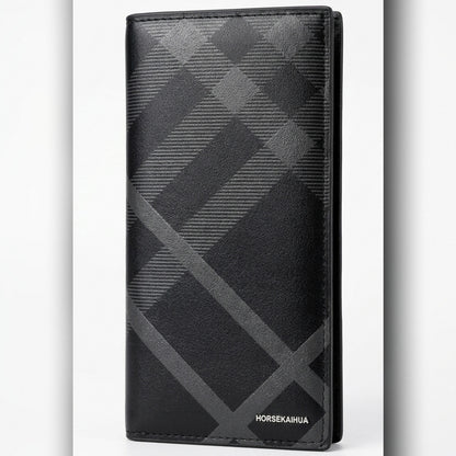 Premium Men’s Leather Long Wallet – Slim Check Pattern Bifold Wallet with Card Slots