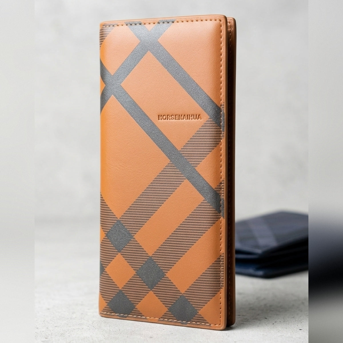 Premium Men’s Leather Long Wallet – Slim Check Pattern Bifold Wallet with Card Slots