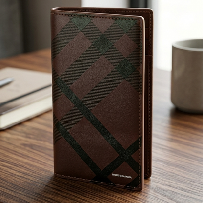 Premium Men’s Leather Long Wallet – Slim Check Pattern Bifold Wallet with Card Slots
