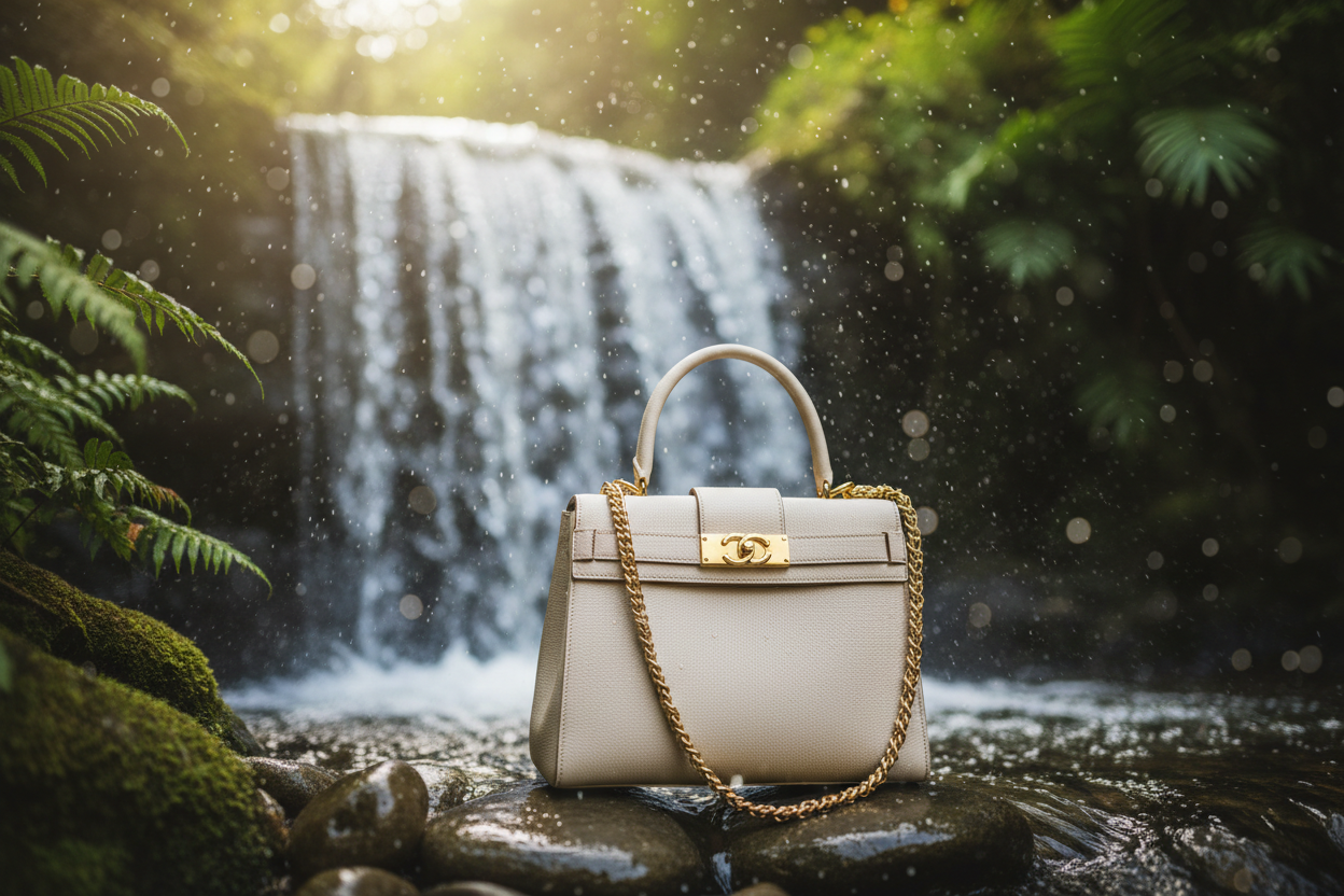 give me a picture with a luxury ladies handbag placed on the side of a waterfall in high definition