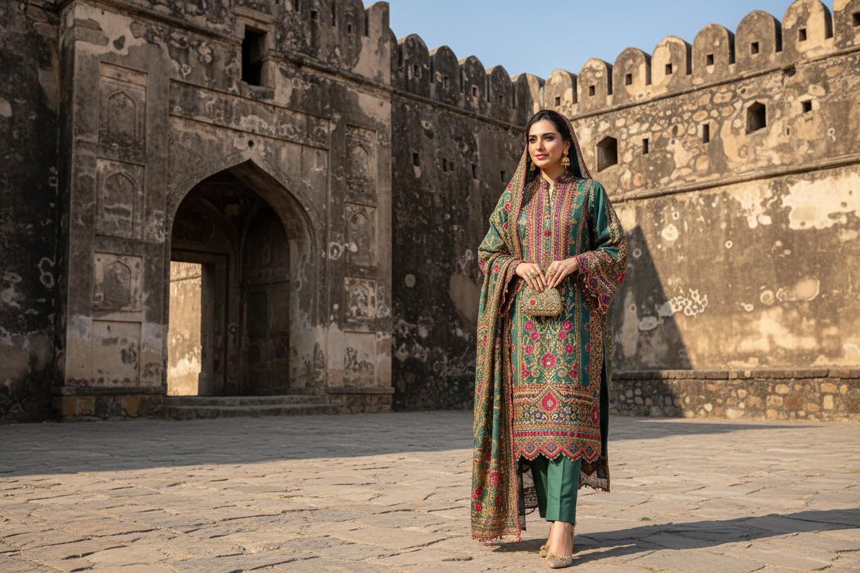 picture of a Muslim lady wearing a 3 piece embroidered lawn suit for EID festival whereas the background shows the lady standing inside Rohtas Fort